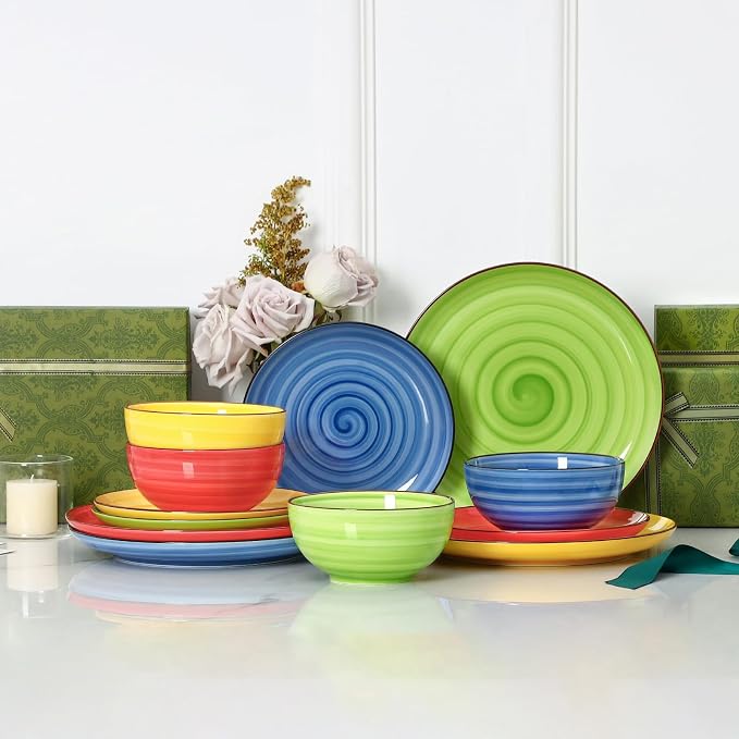 Selamica Ceramic Plates and Bowls Sets,12 Pieces Dinnerware Sets for 4,Scratch Resistant Dish Set,Dishwasher & Microwave Safe, Dopamine