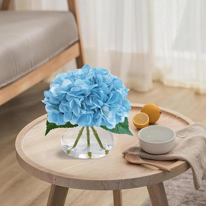 Big Petals Hydrangea Artificial Flowers in Vase, Blue Silk Fake Flowers Silk Centerpiece Table Decorations for Dining Room,Coffee Table Decor,Wedding, Home with Faux Water decorr (Sea Blue)