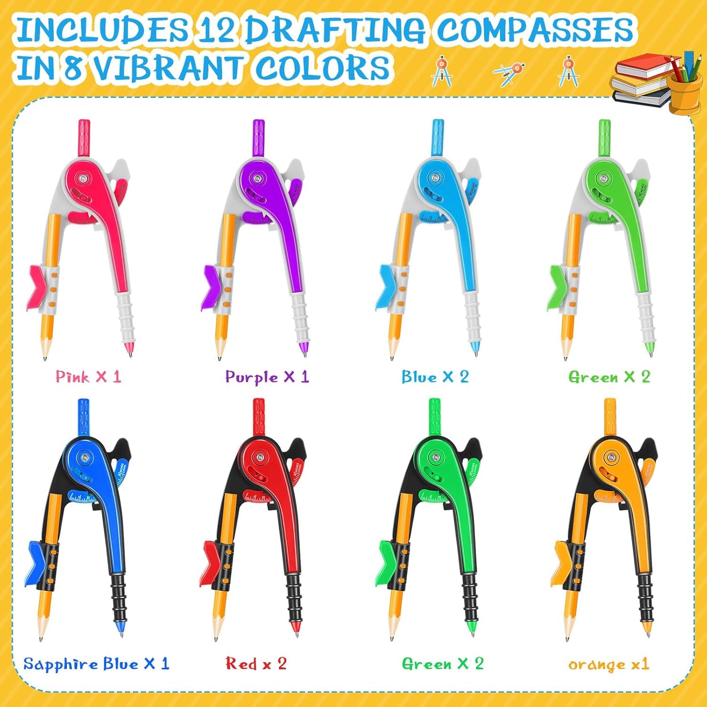 Zonon Geometry Compass Set - 6 Inch Plastic Drawing Tool with Pencils | Bright Colors for School (12 Pcs)
