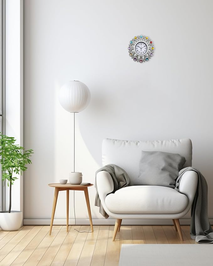Silver Sunflower 10 Inch Small Analog Wall Clock Battery Operated, Boho Decorative Wall Clock for Kitchen, Home Kitchen, Living Room, Bathroom