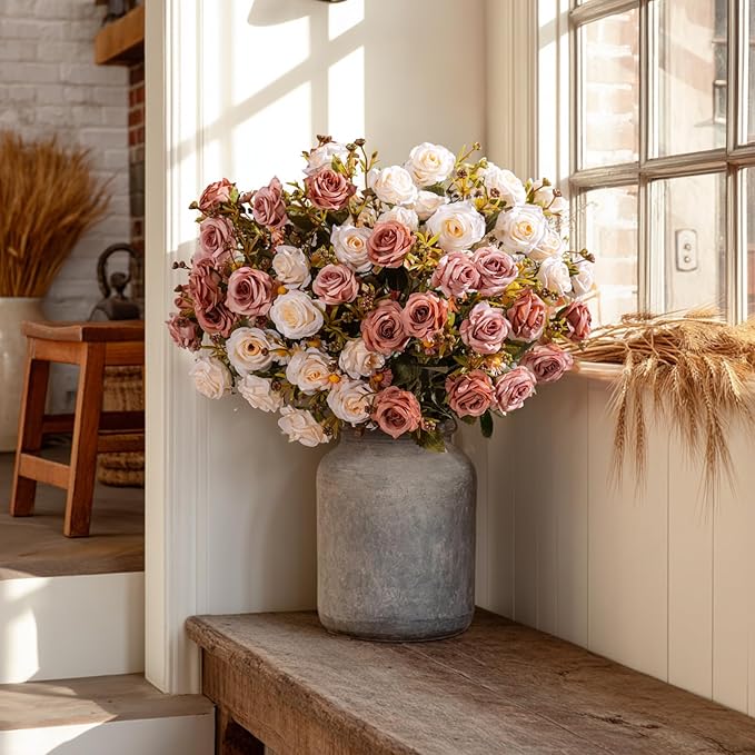 Artificial Rose Flowers for Outdoor 4 Bundles Rose Bouquet with Daisy Faux Flowers UV Resistant for Home Indoor Outside Garden Porch Window Box Balcony Yard Porch Fall Decor (White+Brown)
