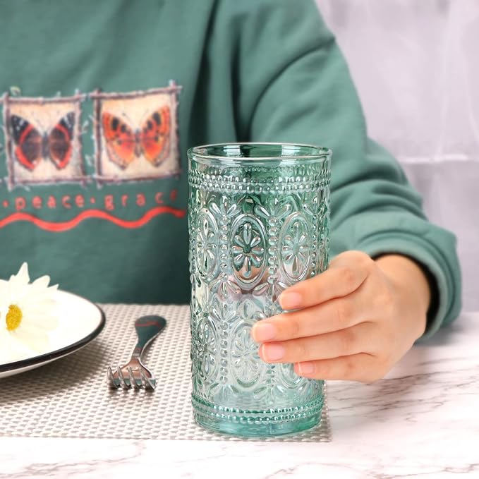 abrwyy Green Drinking Glasses Set of 4, Vintage Drinking Glasses, Colored Glassware Drinking, Highball Beverage Glasses Cup, Vintage Glassware Set for Water, Juice, Cocktail, Coffee