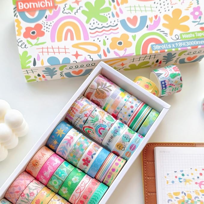 Bomichi 38 Rolls Washi Tape, Aesthetic Colored Decorative Cute Scrapbook Tape for Scrapbooking Supplies Journaling Craft Junk Journal