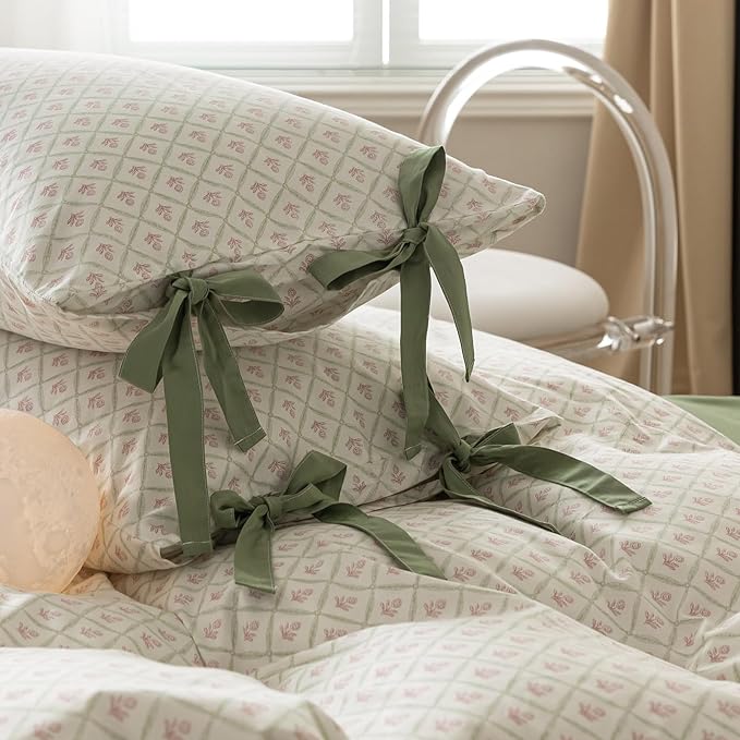 Pink Floral Duvet Cover Twin XL Chic Plaid Grid Duvet Cover with 2 Bowknot Pillowcases Vintage Boho Floral Bedding Set Aesthetic Cute Flower Comforter Cover Soft Cotton Girls Cottagecore Bedding Set