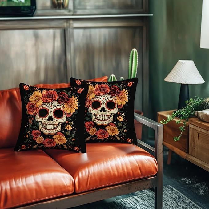 Sugar Skull Throw Pillow Covers 18x18 Set of 2, Mexican Day of The Dead Pillowcase for Sofa and Couch, Chirstmas Decorative Square Cushion Cases for Living and Bed Room