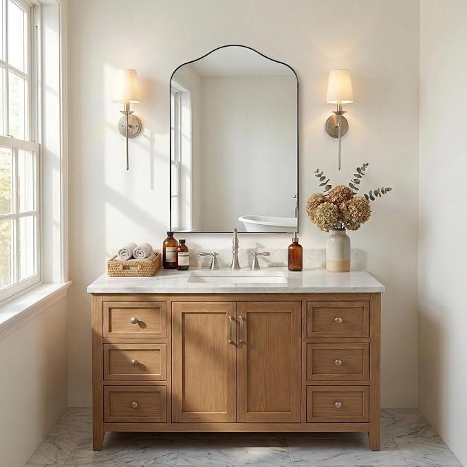 ANDY STAR Scalloped Arched Mirror, 26x38 Polished Chrome Irregular Bathroom Mirror for Vanity, Curved Top with Silver Rustproof Stainless Steel Frame, for Powder Room, Entryway, Bedroom, Fireplace