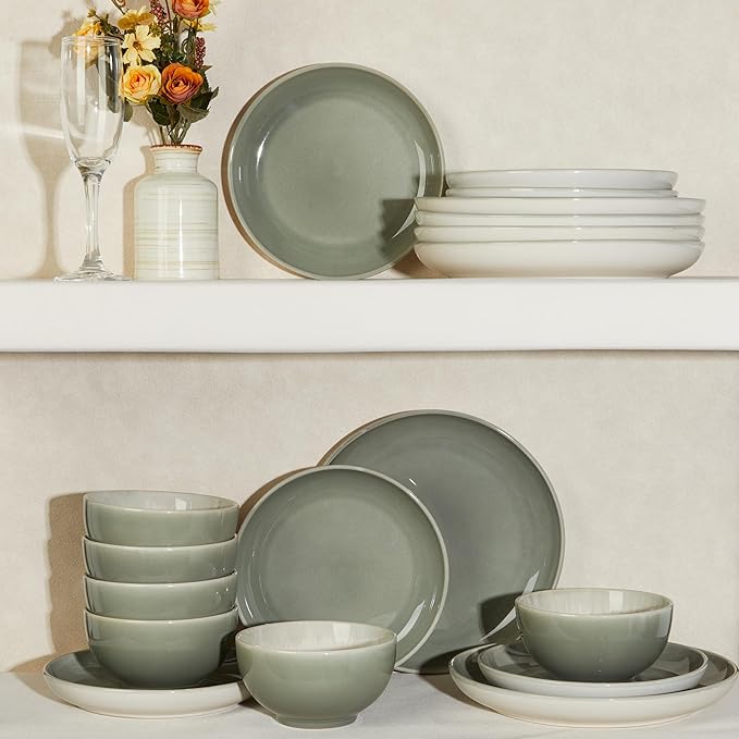 Pokini Stoneware Dinnerware Sets for 6, Microwave Safe Plate and Bowl Set, Easy to Clean & Durable Dishes Sets for Small to Medium Families, Gray Green