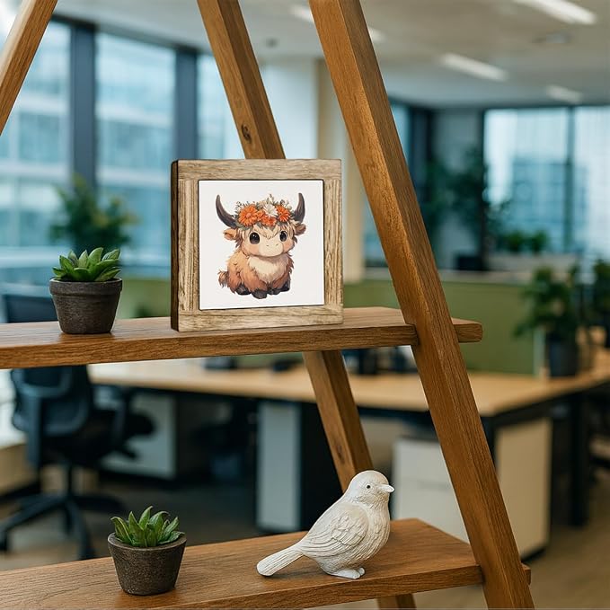 Cute Highland Cow Wooden Desktop Sign, Floral Crown Cow Wood Plaque Tabletop Decor, Rustic Farmhouse Animal Decor for Home Office Shelf