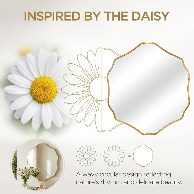 Irregular Hexagon Wall Mirror with Wavy Edge, Modern Decorative Mirror for Bathroom, Bedroom, Living Room, Frameless Vanity Mirror