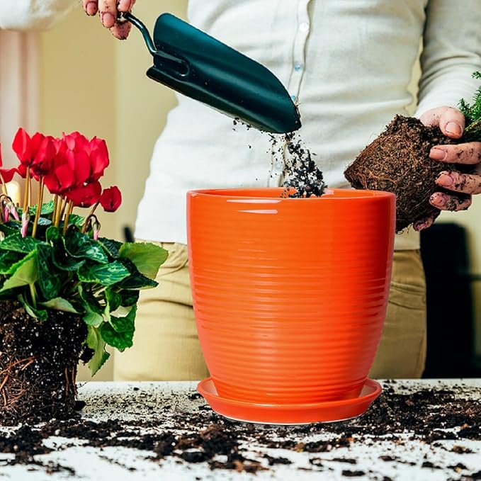 10 Inch Plant Pot, Ceramic Planters for Plants with Drainage and Saucer, Orange