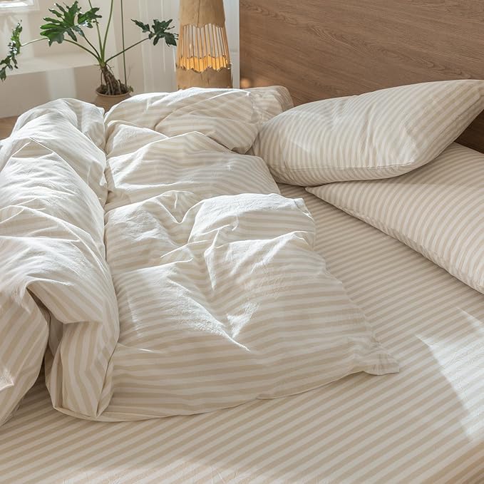 MooMee Striped Duvet Cover Set 100% Washed Cotton Linen Like Textured Breathable Durable Soft Comfy (Almond Milk Grey Classic Stripes, Queen 90"x90")