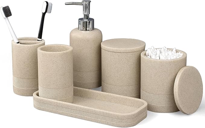 LIN CHUAN 6-Piece Bathroom Accessories Set, Bathroom Accessory Set with Soap Dispenser, Toothbrush Holder Set, Vanity Tray, Tumbler & 2 Cotton Swab Jars, Modern Stylish Bathroom Organizer(Beige)