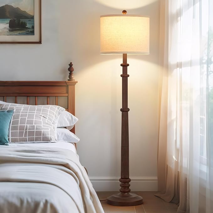 Floor Lamps for Living Room - 60" Resin Farmhouse Floor Lamp with Adjustable Color Temperatures - Vintage Standing Lamp Reading Light with Linen Shade Tall Lamp for Bedroom Office, Reddish Brown