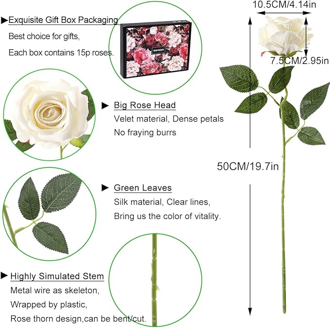 Cloudecor 15Pcs White Roses Artificial Flowers Fake Roses Long Stem Velet Rose Silk Flowers for Home Wedding Decoration (Round Roses,Cream White)