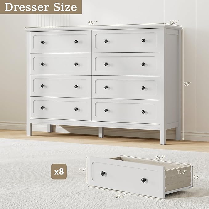 White Dresser for Bedroom, 8 Drawer Dresser with Metal Handles, 55" Wide Modern Dressers & Chest of Drawers for Living Room, Hallway, Entryway
