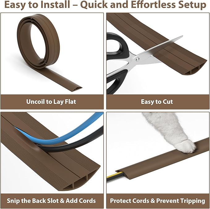 ZhiYo 4ft Cord Hider Floor, Soft PVC Cord Covers for Wires on Floor, Wire Cover to Hide Extension Cords, Cable Cover Protect Cords & Prevent Trips, Cable Cavity: W0.6in x H0.32in, Vintage Coffee Brown