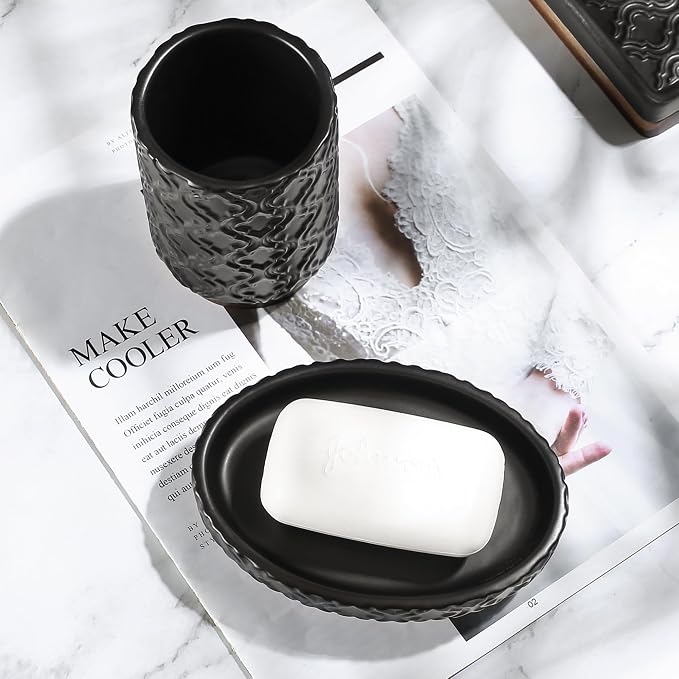 RQYIXI Elegant Bathroom Accessories Set 6 PCS Ceramic and Wood Bathroom Accessory Set Soap Dispenser Toothbrush Holder Tumbler Soap Dish Tray Trash Can Easy to Clean Quatrefoil Pattern Black