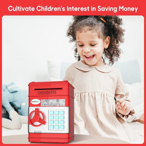 DoubleCare Electronic Piggy Bank - Cute Mini ATM with Password & Music | Red Cash Safe Box for Kids