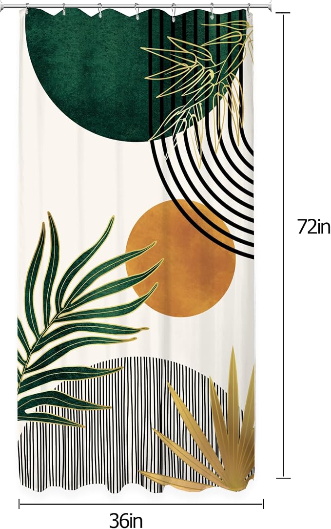 KOMLLEX Small Stall Mid Century Green Boho Shower Curtain 36Wx72L Inches Rv Half Abstract Modern Shower Curtains for Bathroom Minimalist Leaf Arch Sun Fabric Liner Waterproof Polyester 7 Pack Hooks