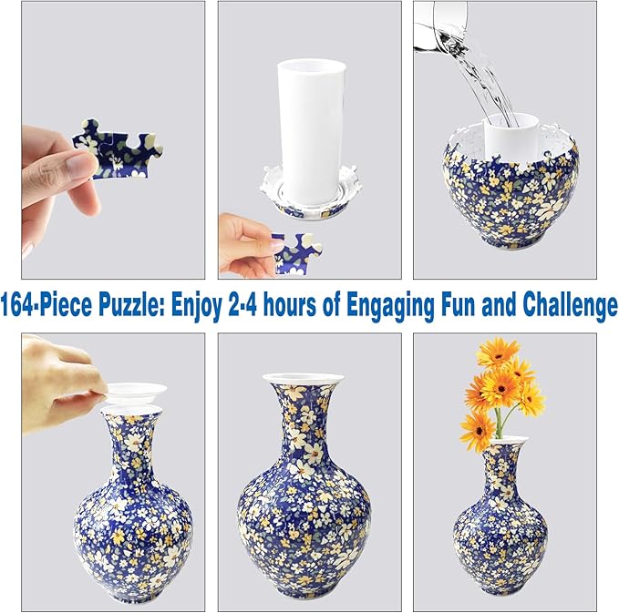3D Puzzle Vase, 160 Curved Pieces DIY Flower Vase Craft Kit & 3D Puzzles for Adults, Creative Jigsaw Art Project Home Décor Centerpiece, for Women, Mom (Navy Floral Pattern)