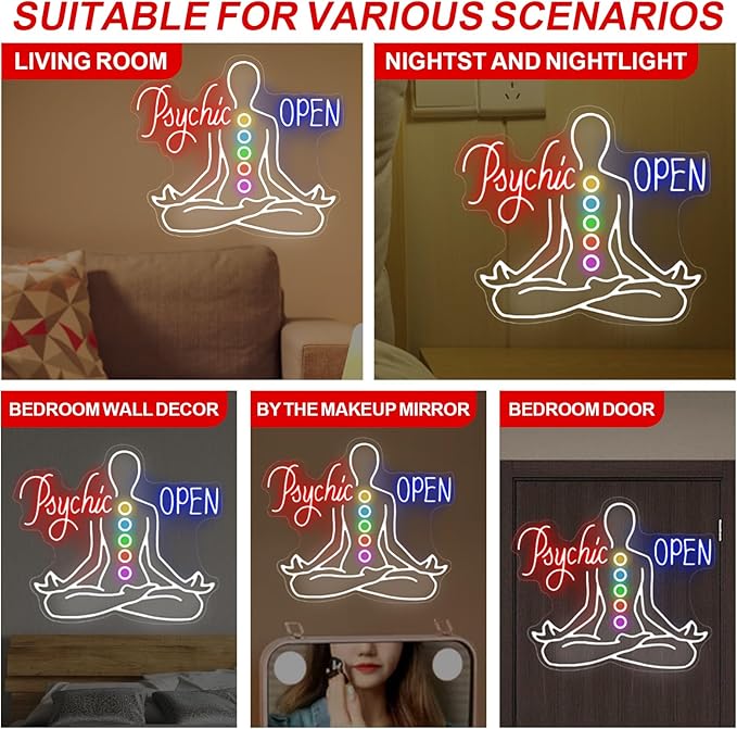 Psychic Open Neon Sign Charka Neon Light, Yoga Led Sign, Exercise Room Wall Decor, Buddha Lotus, Pilates Studio Art Meditation Room Wall Art Yoga Lover Gift, Psychic Chakras Healing Exercise, 20"*x17.3"