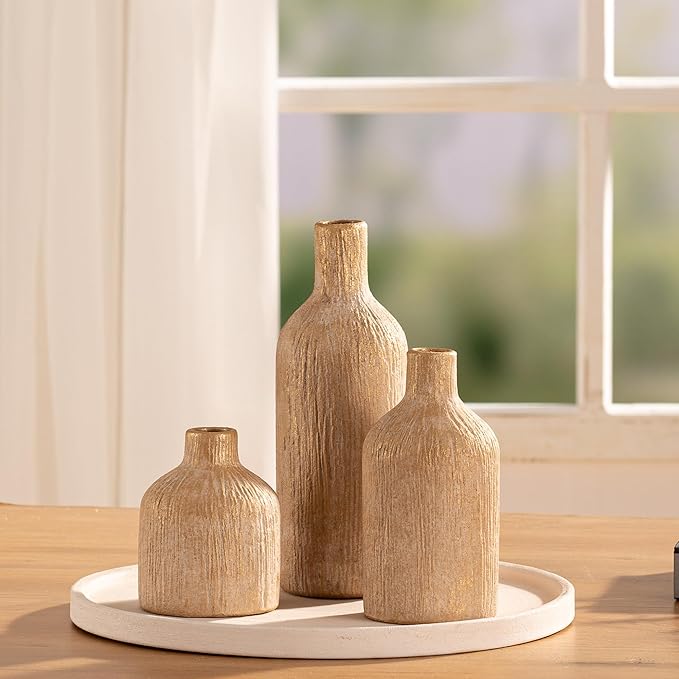 Ceramic Vase Home Table Decor - Gold Flower Vase Set of 3 Living Room Kitchen Decorations Farmhouse Modern Rustic Vases Decorative Centerpiece for Shelf Bedroom Office Bathroom Dining Coffee Desk