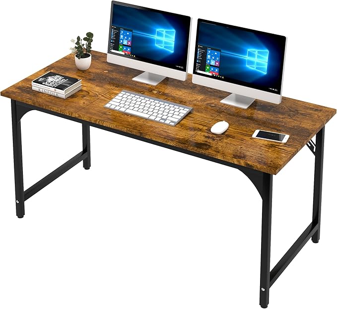 55'' Computer Desk with Deeper Desktop, Home Office Desk Workstation with Sturdy Metal Frame, Modern Simple Desk for Gaming Studying Writing, Rustic Brown
