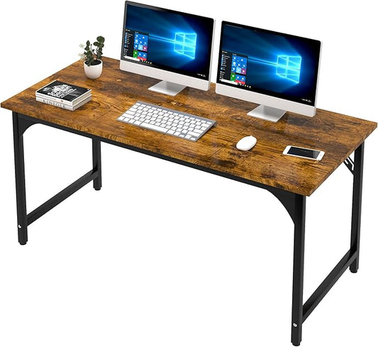 55'' Computer Desk with Deeper Desktop, Home Office Desk Workstation with Sturdy Metal Frame, Modern Simple Desk for Gaming Studying Writing, Rustic Brown