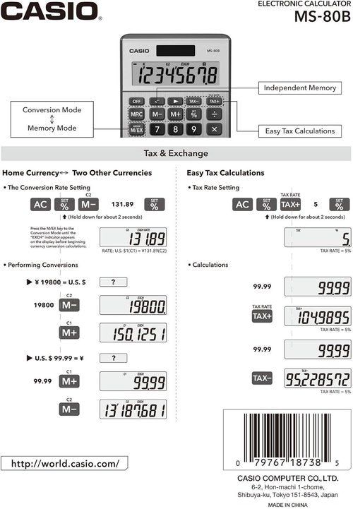Casio MS-80B Calculator - Versatile Desktop Calculator with Tax & Currency Functions | Large Display for Home & Office