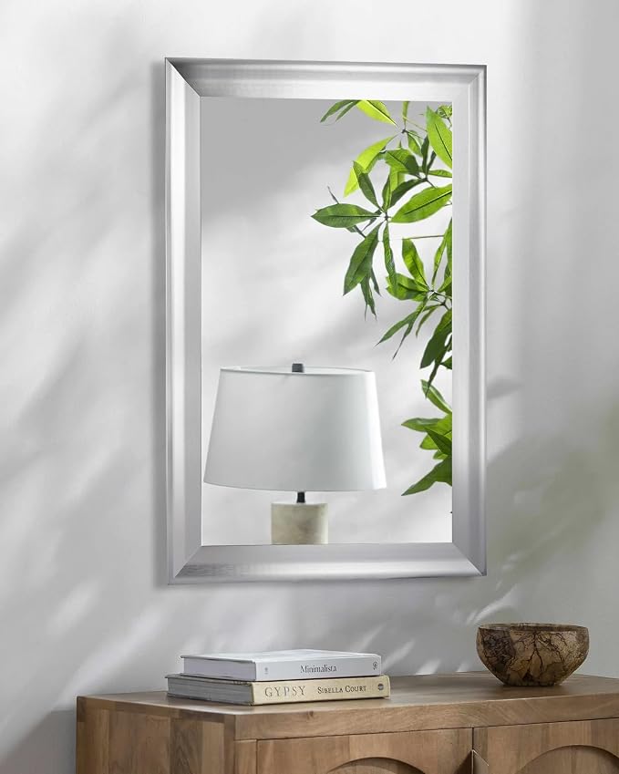 CULER Silver Wall Mirror for Bathroom,Rectangle Rustic 24 x 36 inch Hanging Vanity Mirrors with Wood Grain Pattern for Living Room,Bedroom,Entryway