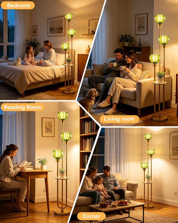 Lightdot 3-Lights Glass Floor Lamp for Living Room Modern Gold Floor Lamps with Lotus Green Glass Shade& Bulbs Included for Wedding/Party Tall Standing Lamp for Bedroom/Sofa Beside/Corner Decor