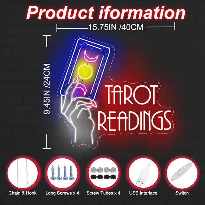 Tarot Readings Neon Sign, Astrology Tarot Sign, Tarot Cards Reading, Psychic Tarot Light, Fortune Teller Sign for Tarot Hall Card Studio Bedroom Shop Decoration Girls Room Gaming Room Party
