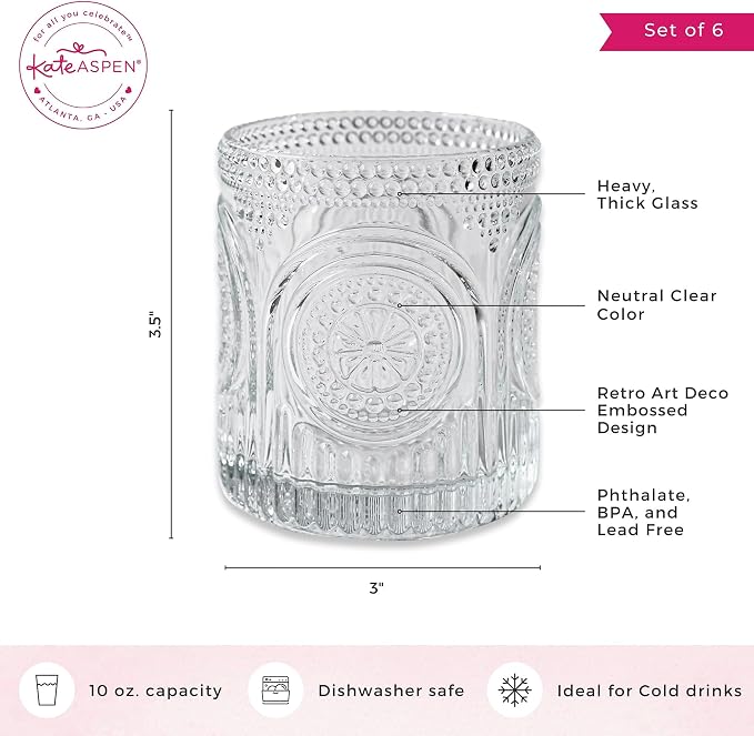 Ribbed Retro Arch Floral Clear Drinking Glasses Set of 6, (10 oz) Vintage Glassware Set by Kate Aspen| Cocktail Glass Set, Juice Glass, Water Cups | Great Hostess Gift & Gift for New Home Owners