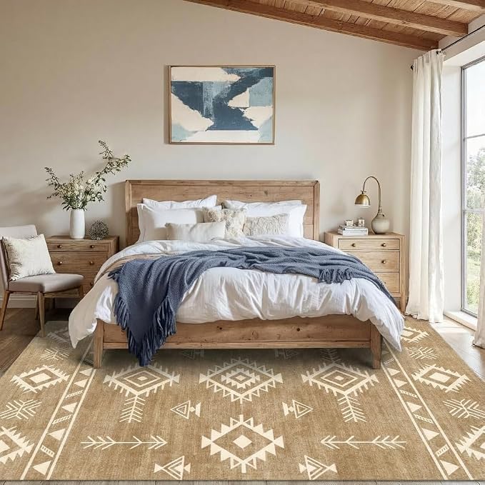5x7 Area Rug Southwestern Tribal Geometric Rug with Non Slip Backing, Washable Low Pile Light Beige Sand Brown Carpet for Bedroom, Living Room, Dining Room, Home Office