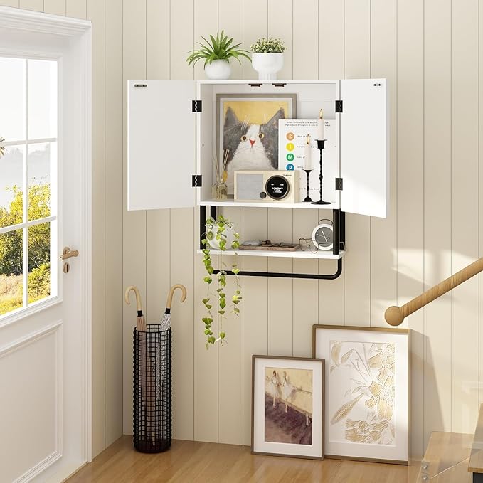 RUSTOWN Fluted Bathroom Wall Cabinet with 2 Doors, 3-Tier Modern Farmhouse Medicine Cabinet, Over the Toilet Storage Cabinet with Adjustable Shelf and Towel Bar (White, Medium)