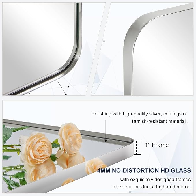 ANDY STAR Chrome Mirror for Bathroom, 30x36 Metal Frame Wall Mirror with Rounded Corner, Modern Rectangle Bathroom Vanity Mirror with Polish Finish