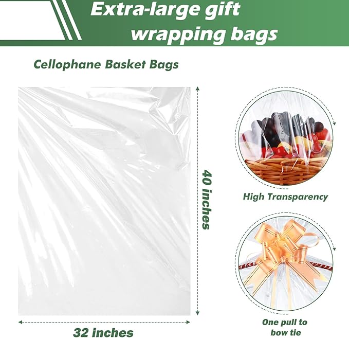 50 Packs 32” x 40” Cellophane Bags for Basket Extra-large Jumbo Clear Cellophane Wraps Clear Huge Cello Bags for Baskets, Gifts, Christmas Trees, Treats, Arts and Crafts, 50ct Ribbon Bows