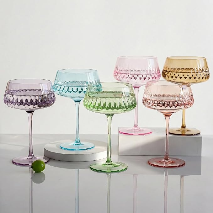 JOVGANK Colored Martini Glasses Set of 6 - Hand Blown Colorful Cocktail Glass 14Oz, Vintage Champagne Coupe, Large Margarita, Crystal Retro Style Bar Drinking Glass - Mixed Color