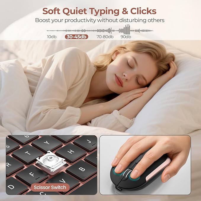seenda Rechargeable Wireless Keyboard Mouse Combo Full Size Cordless Keyboard & Mouse Sets with Build-in Lithium Battery Ultra Thin Quiet Keyboard Mice (Rose Gold & Black)