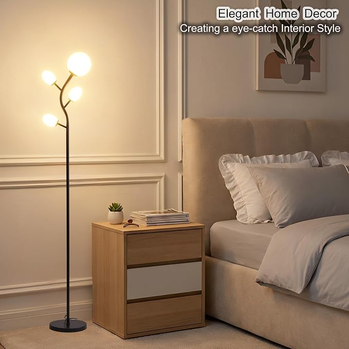 Fiqevs 4 Globe Floor Lamp for Living Room, Mid Century Modern Standing Lamp with 2700K LED Bulbs, Frosted Glass Shade Tall Lamp for Bedroom, Matt Black