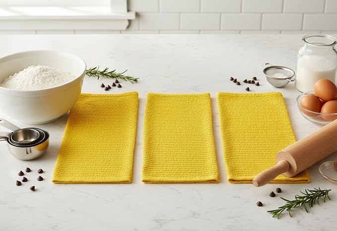 Serafina Home Yellow Kitchen Towels: 100% Cotton Soft Absorbent Ribbed Terry Loop, Set of 3 Multipurpose for Everyday Use Oversized 18" x 28" (Tuscan Lemon)