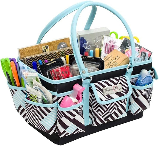 Everything Mary Teal Geometric Deluxe Store and Tote - Storage Organizer Bag for Crafts, Sewing, Paper, Art, Desk, Canvas, Supplies Storage Organization - Travel Art Box with Handle