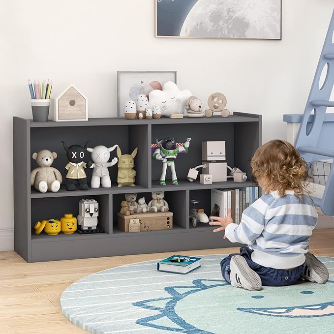 Toy Storage Organizer, 2-Tier Kids Bookshelf, 5 Cube Kids' Bookcases, Cabinets & Shelves, Wooden Toy Organizers, Small Book Shelf for Bedroom, Playroom, Classroom, Nursery (Gray)