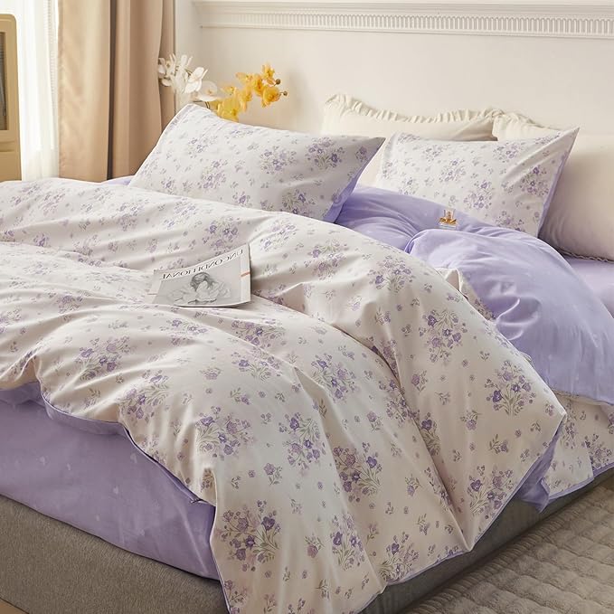 HighBuy Boho Floral Comforter Set Queen Purple Flower Bedding Comforter Set Comfy for Queen Bed,Luxurious Soft Floral Comforter with 2 Pillowcases Women Girl Botanical Cooling Comforter Sets