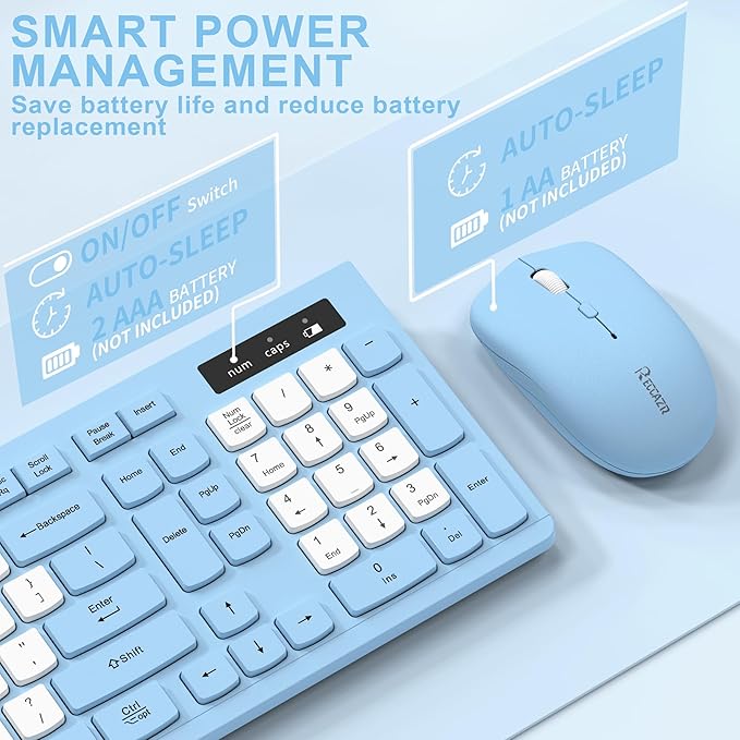 Wireless Keyboard and Mouse Combo, Full-Sized Wireless Keyboard and Adjustable DPI Mouse, 2.4GHz USB Receiver, Silent Keyboard and Mouse for PC, Windows, MAC, Desktop, Laptop(Sky Blue-B)