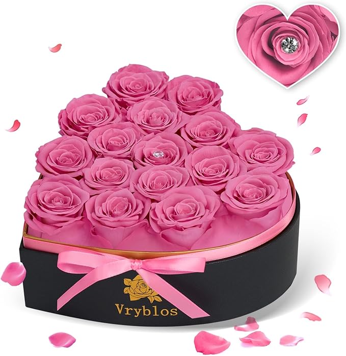 16 Pieces Forever Flower Heart Shape in a Box Preserved Blue Roses for Delivery Grade A Quality 100% Real Immortal Flowers Eternal Birthday for Her Mom Women Wife Girlfriends (Pink)