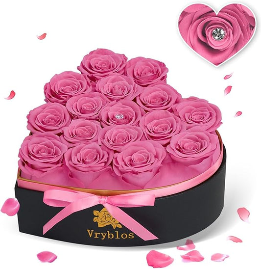 16 Pieces Forever Flower Heart Shape in a Box Preserved Blue Roses for Delivery Grade A Quality 100% Real Immortal Flowers Eternal Birthday for Her Mom Women Wife Girlfriends (Pink)