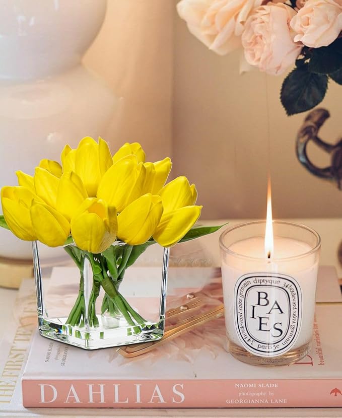 DILATATA Artificial Yellow Tulips in Vase with Faux Water 5.5" Real Touch Flowers Fake Tulips Small Flowers Arrangement in Cube Glass Vase for Mother's Day Table Centerpiece Wedding Home Decor 2 Pack