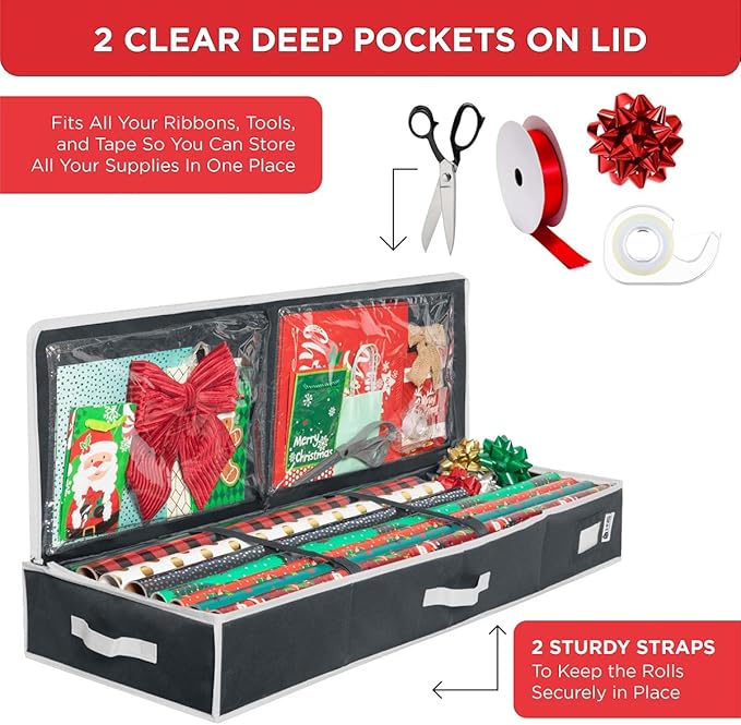 HOLDN' STORAGE Premium Wrapping Paper Storage Container - Durable 600D Tear-Proof, Fits 27 Rolls Gift Wrap, Extra Pockets for Ribbons & Bows, Underbed Storage - Ideal for Holiday Christmas, Black/White Trim