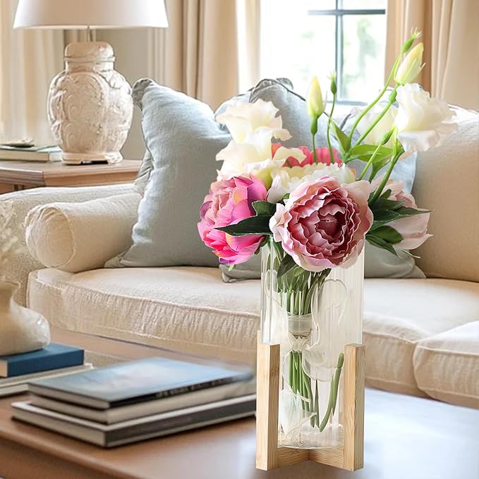 Glass Cylinder Vase with Wood Base,Bud Vase for Centerpieces,8 Inches Clear Ribbed Flower Vase,Tall Glass vase Hurricane Candle Holder,Wooden Vase Decorative for Home Decor,Wedding,Housewarming Gift